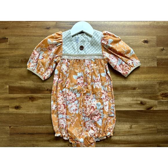NWT Darling Mae Sybil Collection Orange Floral Bubble Short Sleeve Gingham 3T - Picture 2 of 8